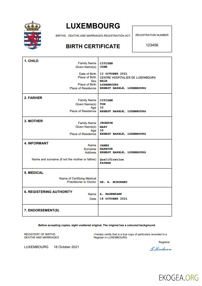 Modèle Word et PDF d'acte de naissance luxembourgeois